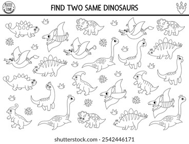 Finde zwei gleiche Dinosaurier. Prähistorische schwarz-weiß Matching Aktivität für Kinder. Dino Land Lernquiz Arbeitsblatt für Kinder mit alten Tieren. Druckbare Linie Spiel mit Triceratops
