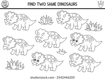 Find two same dinosaurs. Prehistoric black and white matching activity. Dino educational line quiz, worksheet for kids with ancient animals. Printable game, coloring page with triceratops
