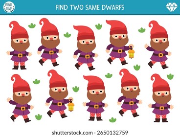 Find two same dwarfs. Fairytale matching activity for children. Magic garden or forest educational quiz worksheet for kids for attention skills. Simple printable game with cute gnome

