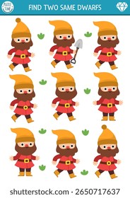 Find two same dwarfs. Fairytale matching activity for children. Magic garden or forest educational quiz worksheet for kids for attention skills. Simple printable game with cute gnome
