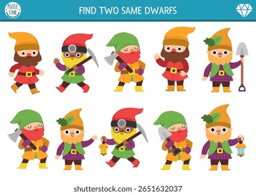 Ache dois anões iguais. Atividade de correspondência de contos de fadas para crianças. Planilha de teste educacional de jardim mágico ou floresta para crianças para habilidades de atenção. Simples jogo imprimível com diferentes gnomes
