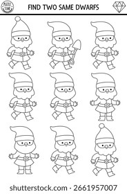 Ache dois anões iguais. Atividade de correspondência a preto e branco de conto de fadas para crianças. Planilha de teste de jardim mágico ou floresta para crianças para habilidades de atenção. Jogo imprimível ou página de coloração com gnome bonito
