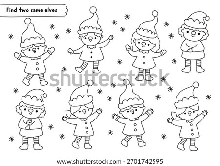 Find two same elves. Christmas black and white matching activity for children. Winter holiday line quiz worksheet for kids. New Year printable game, coloring page with cute dwarfs
