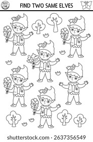 Find two same elves. Fairyland black and white matching activity for children. Magic garden, forest, fairy educational quiz worksheet for kids with woodland boy, dwarf. Printable game, coloring page