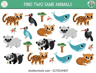 Find two same endangered animals. Ecological matching activity for children. Eco awareness educational quiz worksheet for kids for attention skills. Simple printable game
