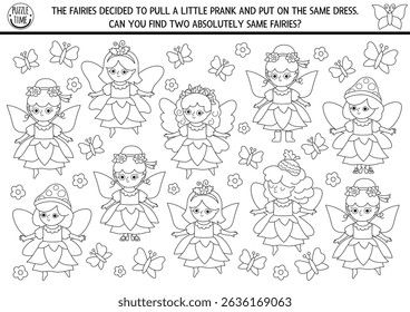 Find two same fairies. Fairyland black and white matching activity. Magic garden or forest educational quiz worksheet for kids. Printable game, coloring page with cute girls in same dress