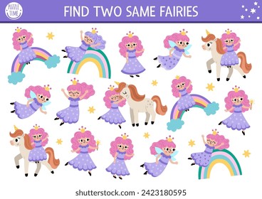 Find two same fairy girl. Magic world matching activity for children. Fantasy or fairytale educational quiz worksheet for kids for attention skills. Simple printable game with cute little princess
