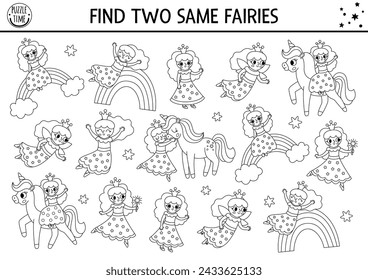 Find two same fairy girls coloring page. Magic world matching activity for children. Fantasy, fairytale educational quiz worksheet for kid. Simple black and white printable game with little princess
