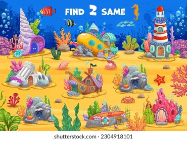 Find two same fairytale underwater houses kids game puzzle. Sea bottom vector background of education quiz worksheet with cartoon under water world ship, seashell, lighthouse and coral buildings