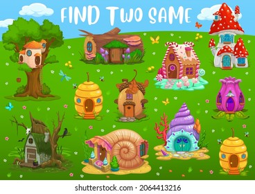 Encuentra dos casas de fantasía, juegos de labranza para niños, tabletop vectorial. Juguete de puzzle para niños para encontrar similares manchas de dibujos animados de enano o elfo gnomo en colmena, bellota y caracol, concha y hongos