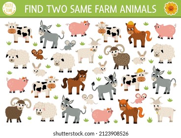 Find two same farm animals. On the farm matching activity for children. Rural village educational quiz worksheet for kids for attention skills. Simple printable game with cute pig, cow, goat, horse
