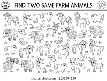Find two same farm animals. On the farm black and white matching activity for children. Educational coloring page for kids for attention skills. Simple printable game with cute pig, cow, goat, horse
