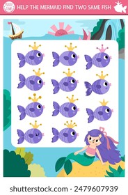 Find two same fish. Fairytale ocean kingdom matching activity for children with mermaid and sea landscape. Marine educational quiz worksheet for kids. Simple printable game
