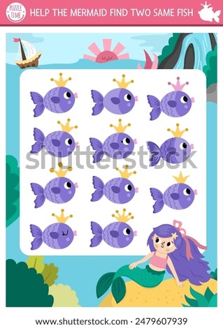 Find two same fish. Fairytale ocean kingdom matching activity for children with mermaid and sea landscape. Marine educational quiz worksheet for kids. Simple printable game
