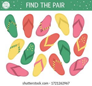 Find two same flip-flops. Summer matching activity for preschool children with beach shoes. Funny holiday activity for kids. Logical quiz worksheet. Simple printable game for kids