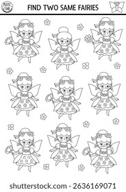 Find two same flower fairies. Fairyland black and white matching activity, coloring page. Magic garden or forest educational quiz worksheet for kids. Printable game with cute girl