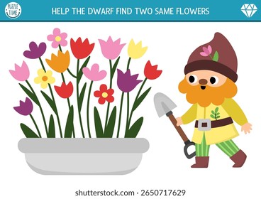 Find two same flowers. Fairytale matching activity for children. Magic forest educational quiz worksheet for kids for attention skills. Simple printable game with cute garden gnome and flower bed
