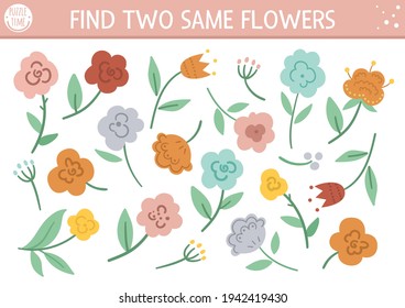 Find two same flowers. Mothers day matching activity for children. Funny spring educational logical quiz worksheet for kids. Simple printable game with cute plants

