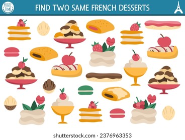 Encuentra dos postres franceses. Actividades tradicionales de acompañamiento de pastelería para los niños. Hoja de trabajo del test educativo francés para niños con habilidades de atención. Sencillo juego imprimible con eclair lindo, profiterole