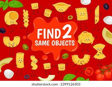 Find two same funny italian pasta characters quiz game worksheet with tomato basil sauce vector background. Matching puzzle with farfalle, eliche, penne, tagliatelle, conchiglie and ravioli personages