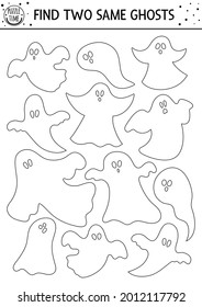 Find two same ghosts. Halloween black and white matching activity for children. Funny autumn quiz worksheet or coloring page for kids. Simple printable line game with scary spooks
