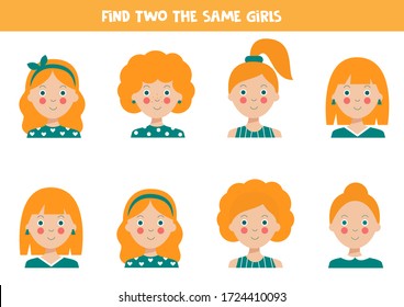 Find two the same girls avatars. Logical game for kids. Cute cartoon girls with different haircuts.