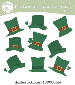 Find two same leprechaun’s green hats. Saint Patrick’s Day matching activity for preschool children with elf clothes. Funny spring game for kids. Logical quiz worksheet