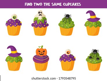 Find two the same Halloween cupcakes. Educational logical game for kids. Set of cute and spooky Halloween muffins.