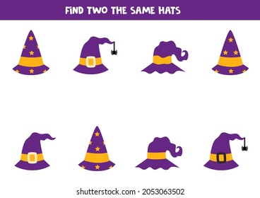 Find two the same Halloween hats. Educational logical game for kids.