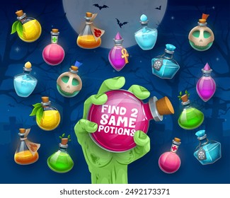 Find two same Halloween magic witch potion bottles. Difference spotting children playing activity, objects compare kids puzzle vector worksheet with zombie hand holding magic potion flask or bottle