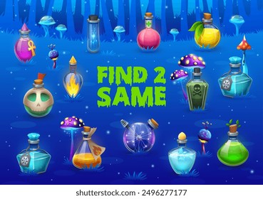 Find two same Halloween magic potion bottles kids game worksheet on fairytale forest vector background. Matching puzzle quiz of Halloween witch potion bottles, magician poison or alchemy elixir flasks