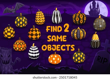 Find two same Halloween patterned pumpkins on cemetery, kids game. Vector educational riddle for children, search the similar objects leisure activity with cartoon pumpkins and haunted castle night