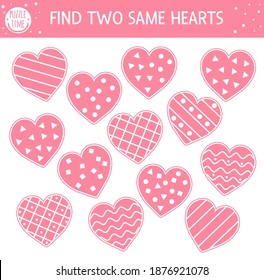 Find two same hearts. Holiday matching activity for children. Funny educational Saint Valentine day logical quiz worksheet for kids. Simple printable game with love theme
