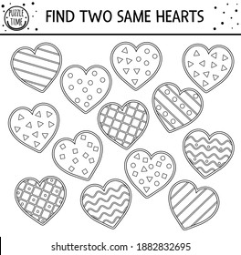 Find two same hearts. Holiday black and white matching activity for children. Funny educational Saint Valentine day logical quiz worksheet for kids. Simple printable game or coloring page
