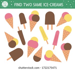 Find Two Same Ice-creams. Summer Matching Activity For Preschool Children With Different Ice Cream. Funny Holiday Activity For Kids. Logical Quiz Worksheet. Simple Printable Game For Kids