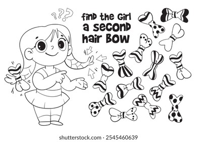 Find two same items. Find the girl a second hair bow. Find other pair. Educational game for kids. Funny cartoon character. Worksheet page. Vector illustration. Coloring book