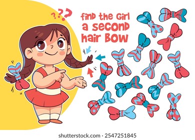 Find two same items. Find the girl a second hair bow. Find other pair. Educational game for kids. Funny cartoon character. Worksheet page. Vector illustration. Isolated on white background