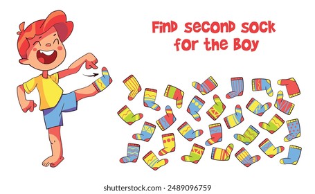 Find two same items. Find second sock for boy. Find other pair. Educational game for kids. Funny cartoon character. Worksheet page. Vector illustration. Isolated on white background