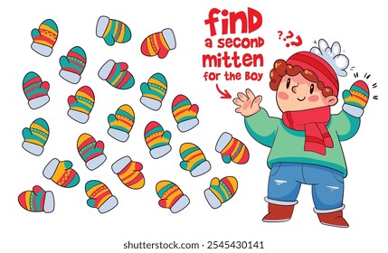 Find two same items. Find a second mitten for the boy. Find other pair. Educational game for kids. Funny cartoon character. Worksheet page. Vector illustration. Isolated on white background