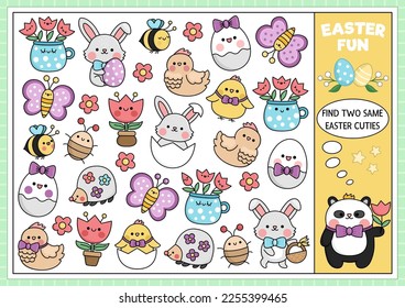 Find two same kawaii cuties. Easter matching activity for children. Spring holiday educational quiz worksheet for kids for attention skills. Simple printable game with egg, animals, flowers
