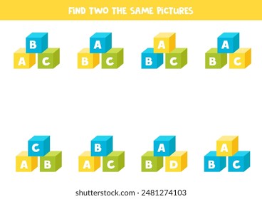 Find two the same kids blocks. Educational logical game for kids. 