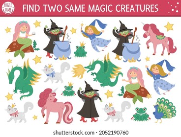 Find two same magic creatures. Fairytale matching activity for children. Fantasy kingdom educational quiz worksheet for kids for attention skills. Simple printable game with dragon, witch, unicorn
