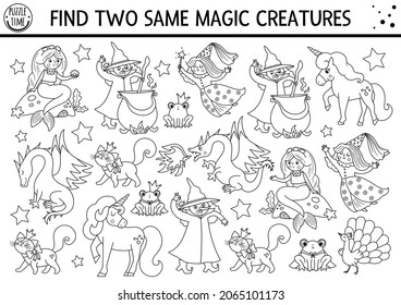 Find two same magic creatures. Black and white fairytale matching activity for children. Fantasy kingdom quiz worksheet or coloring page. Simple printable game with dragon, witch, unicorn
