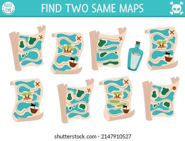 Find two same maps. Treasure island matching activity for children. Sea adventures educational quiz worksheet for kids for attention skills. Simple printable game with cute plans
