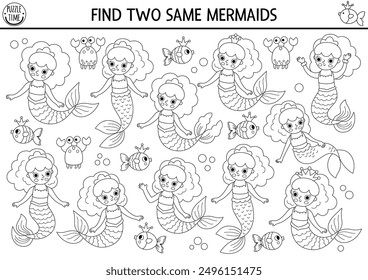 Find two same mermaids. Black and white fairytale ocean kingdom matching activity for children. Marine educational quiz worksheet, coloring page. Line printable game with sea princess