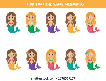 Find two the same mermaids. Logical game for kids.