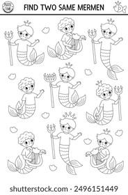 Find two same mermen. Black and white fairytale ocean kingdom matching activity for children. Marine educational quiz worksheet or coloring page for kids. Line printable game with sea prince