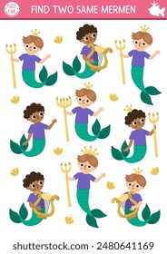 Find two same mermen. Fairytale ocean kingdom matching activity for children. Marine educational quiz worksheet for kids for attention skills. Simple printable game with cute sea prince
