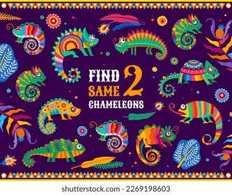 Find two same mexican chameleon lizards kids game worksheet. Vector match the similar pair of tropical reptiles riddle for children. Development puzzle, task or educational family leisure activity