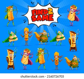 Find two same mexican food superhero characters, vector retro comics kids game with cartoon tex mex personages burrito, avocado, enchiladas and churros with chimichanga on pop art halftone background svg